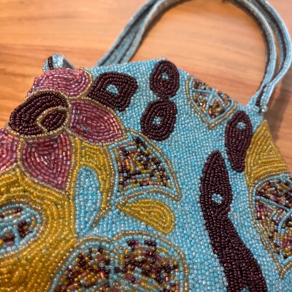 Chan Luu beaded and silk vintage handbag,  blue bronze with pink flowers, yellow - Picture 2 of 13